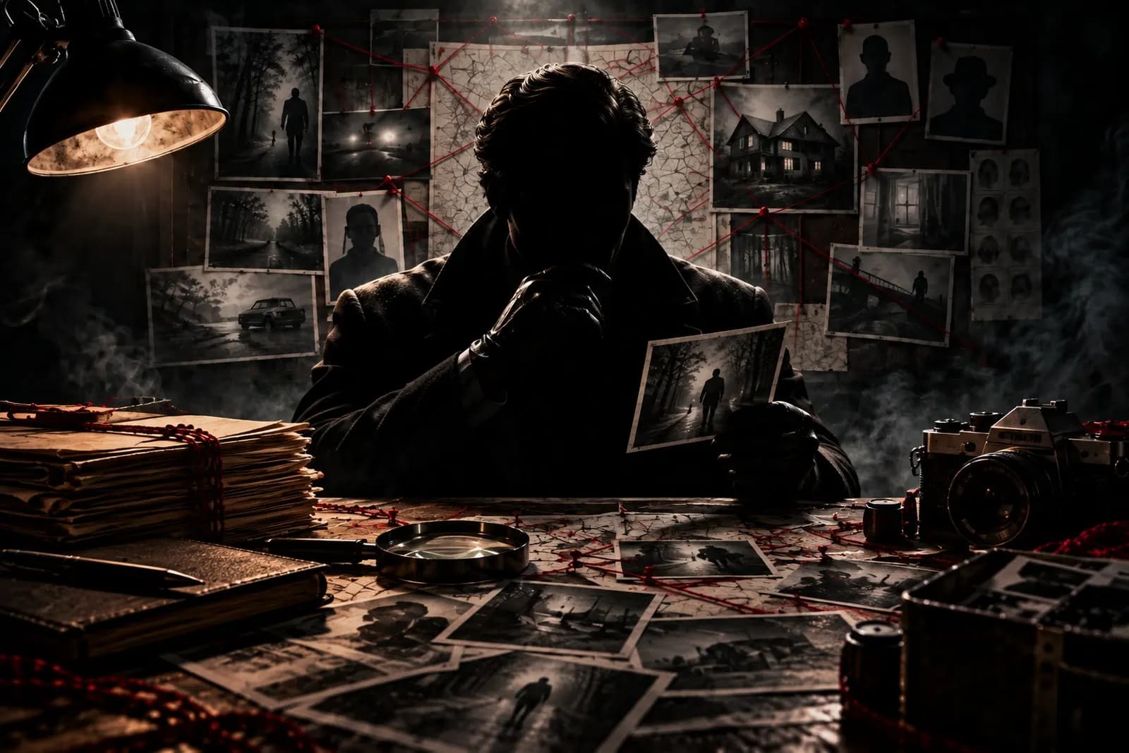 A detective in silhouette holding a photograph in front of an evidence board