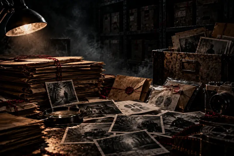A lamp-lit desk of tied case folders, sealed envelopes, photographs and fingerprint cards
