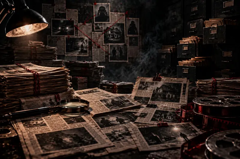 Yellowed newspaper clippings, contact sheets and film reels under a desk lamp