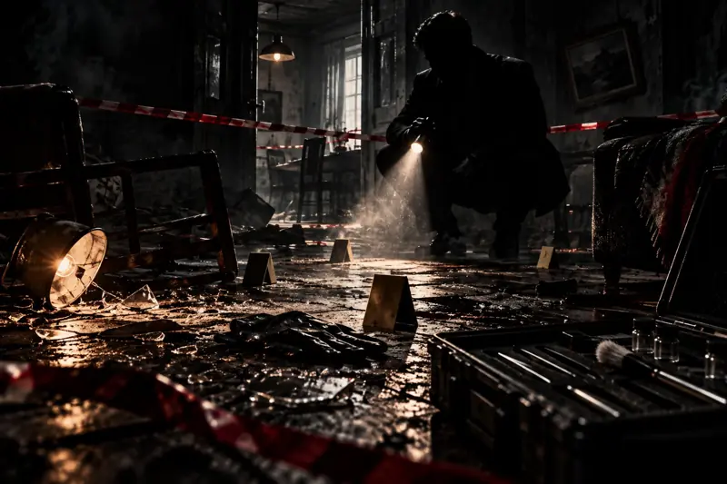 A silhouetted investigator with a flashlight inside a taped-off room