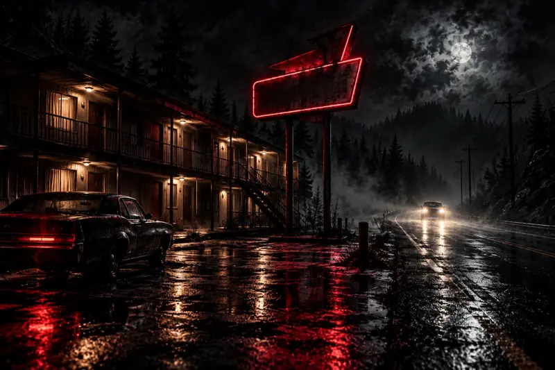 A red neon sign above a rain-wet road beside a two-storey motel at night