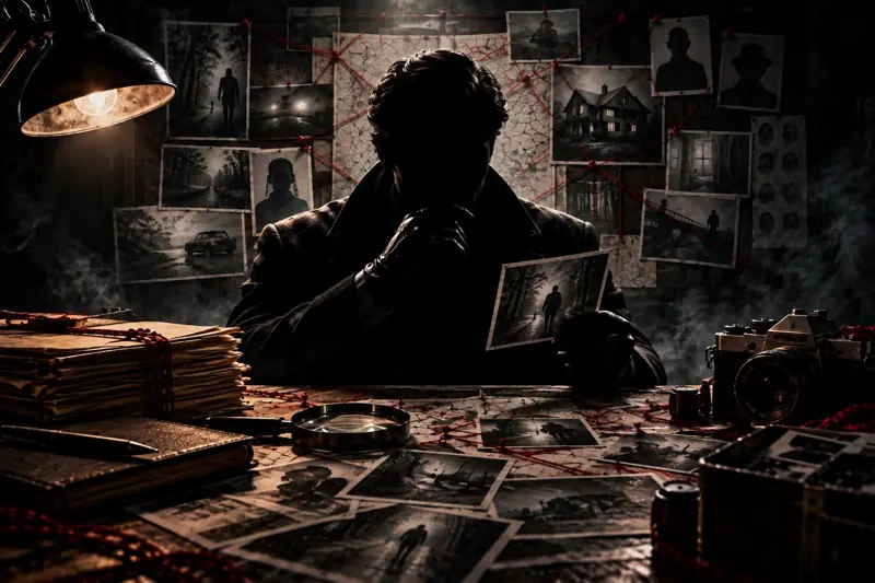 A detective in silhouette holding a photograph in front of an evidence board