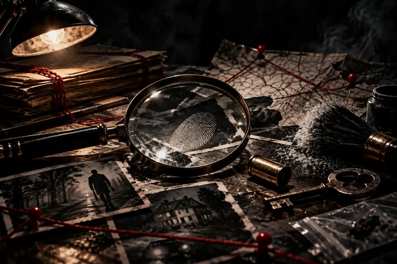 A magnifying glass over a fingerprint, with photographs, keys and red string on a map