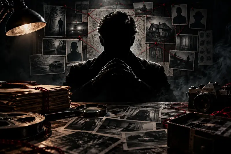 A silhouetted figure with clasped hands at a desk in front of a pinned investigation board
