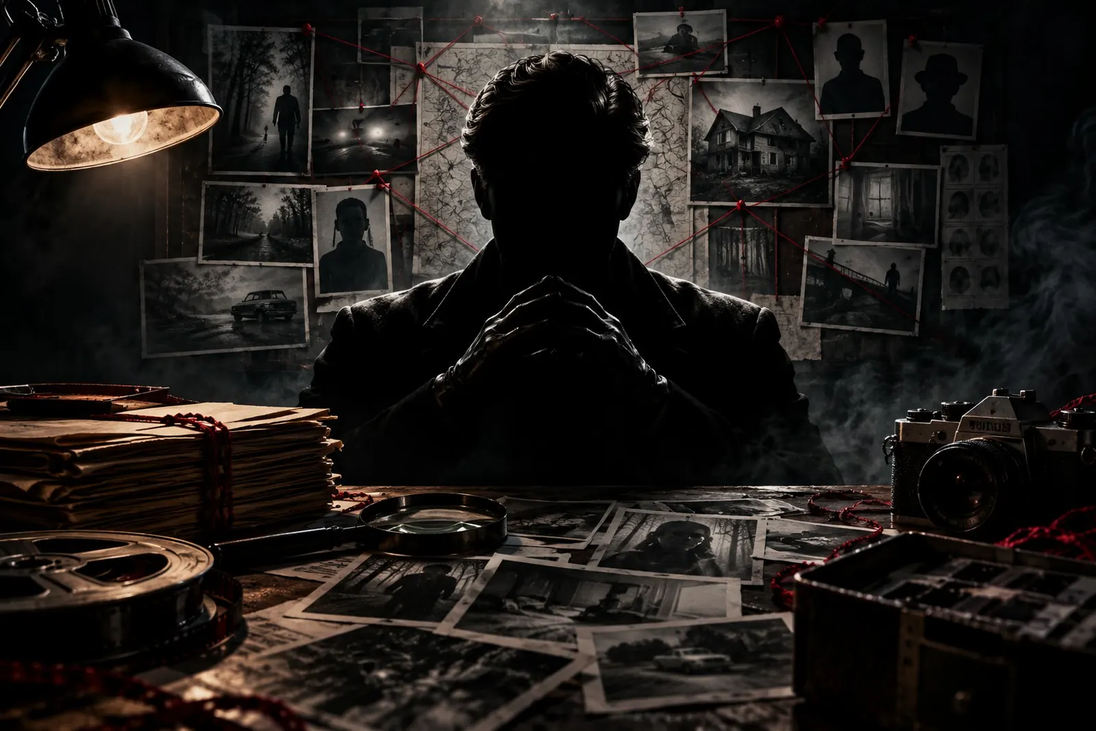 A silhouetted figure with clasped hands at a desk in front of a pinned investigation board