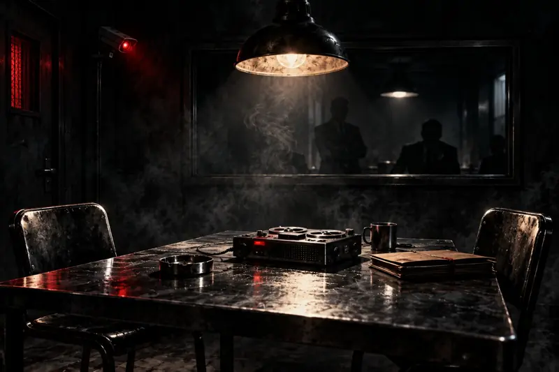 A steel interrogation table with a reel-to-reel recorder facing a one-way mirror