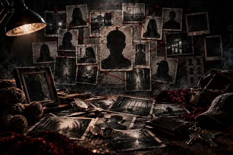 A board of pinned photographs and silhouettes above keepsakes and a framed portrait