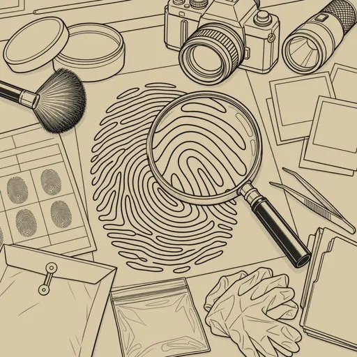 Line art coloring page: a fingerprint under a magnifying glass with evidence envelopes