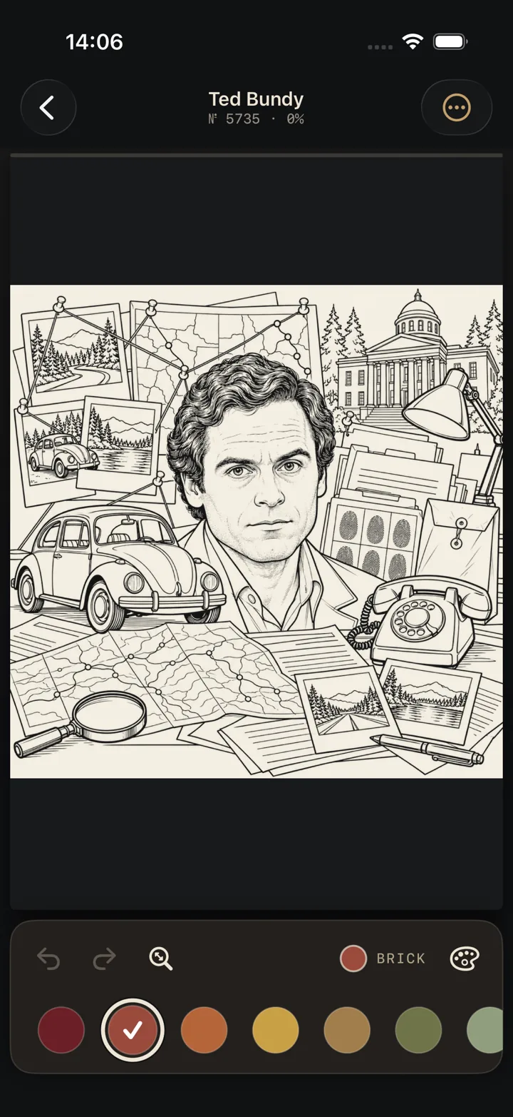 A blank line-art coloring page open in the app, before any color is applied