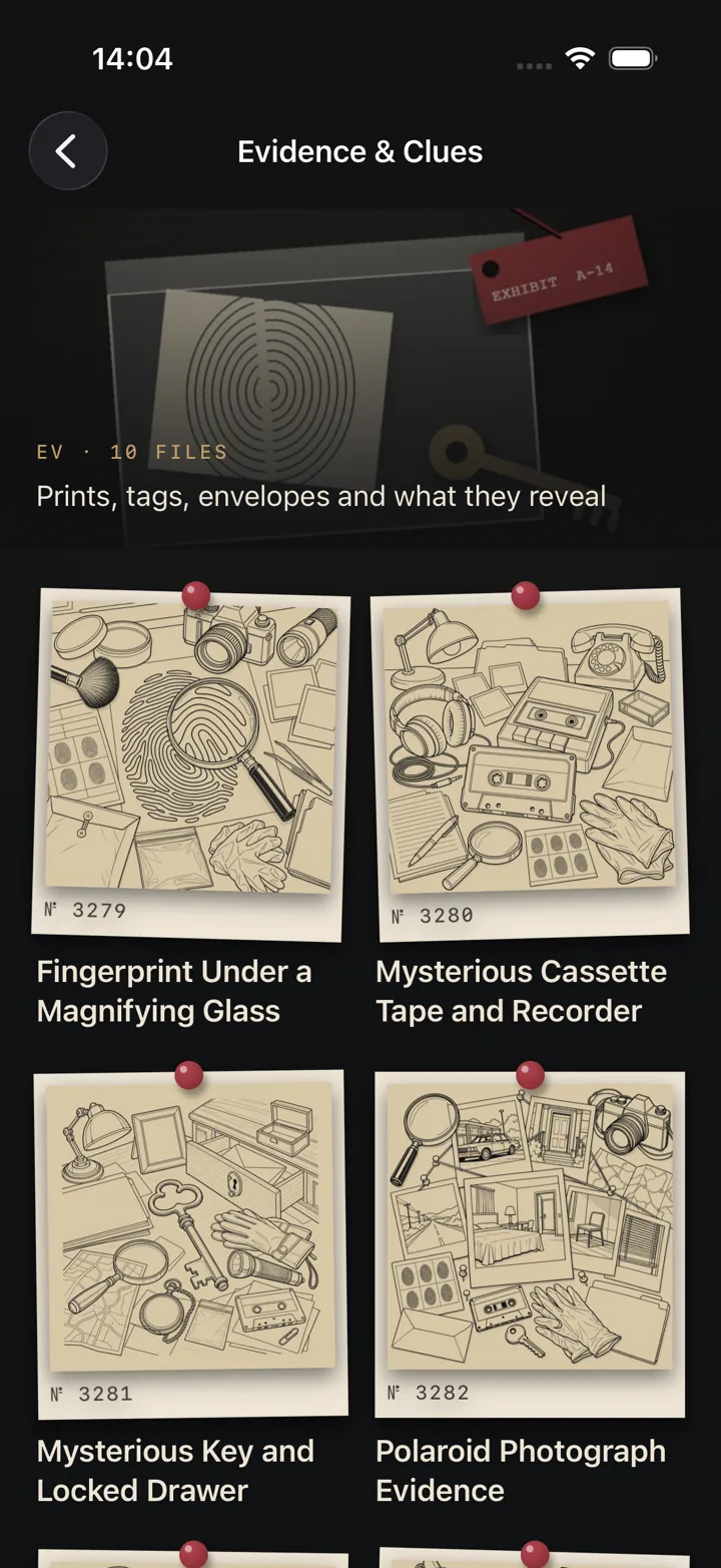 The Evidence and Clues collection showing a grid of line-art pages