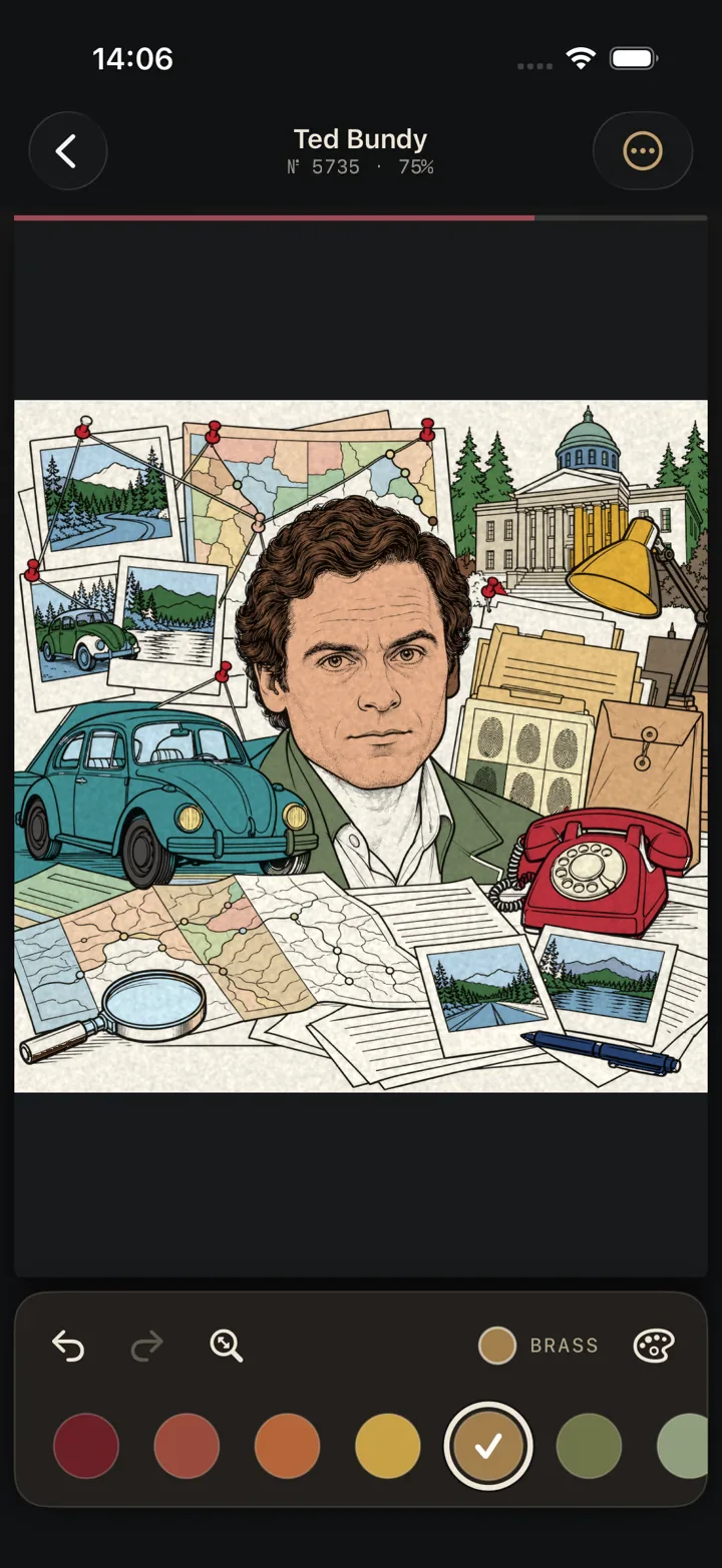 The same page after coloring, with the color palette at the bottom of the screen