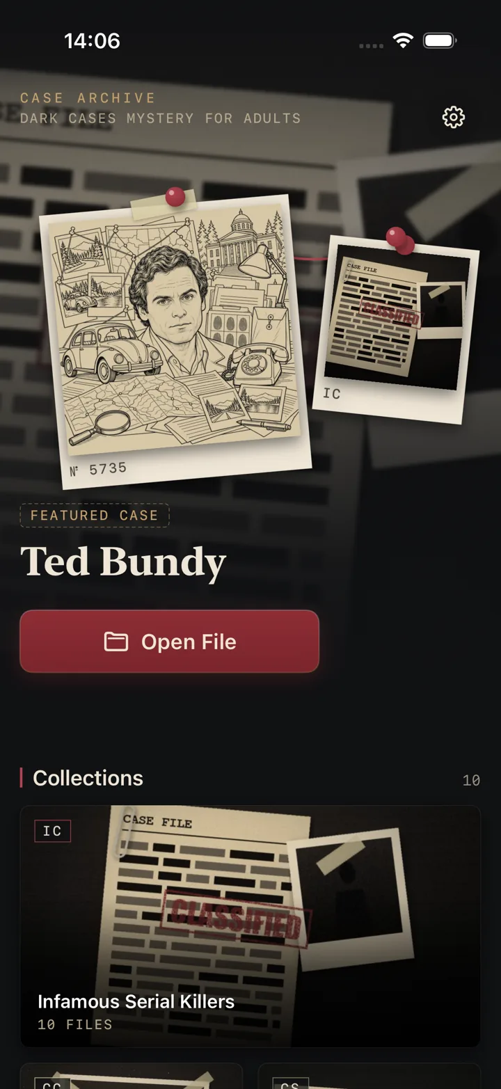 True Crime Coloring Book home screen showing a featured case file and the list of collections