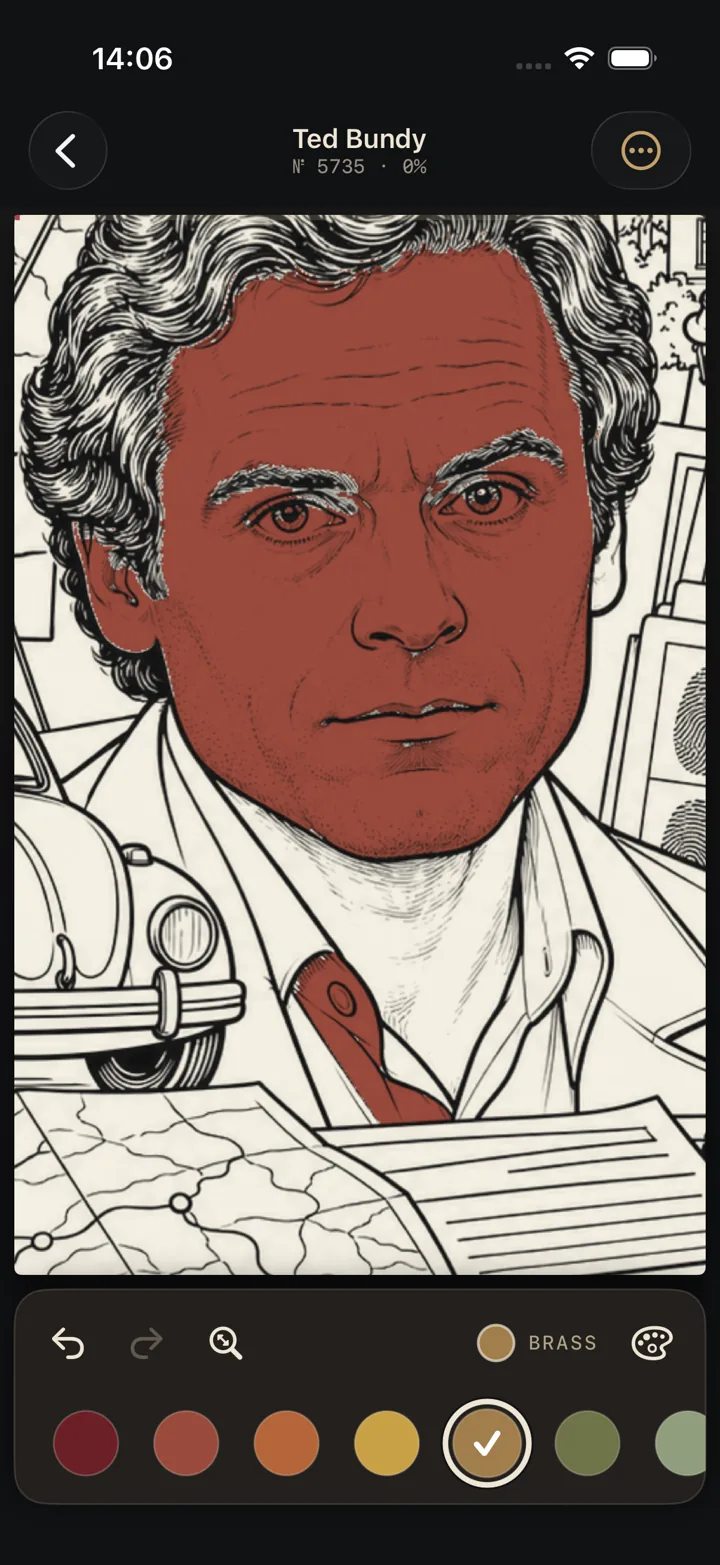 A line-art page zoomed in while being colored, with the color palette at the bottom