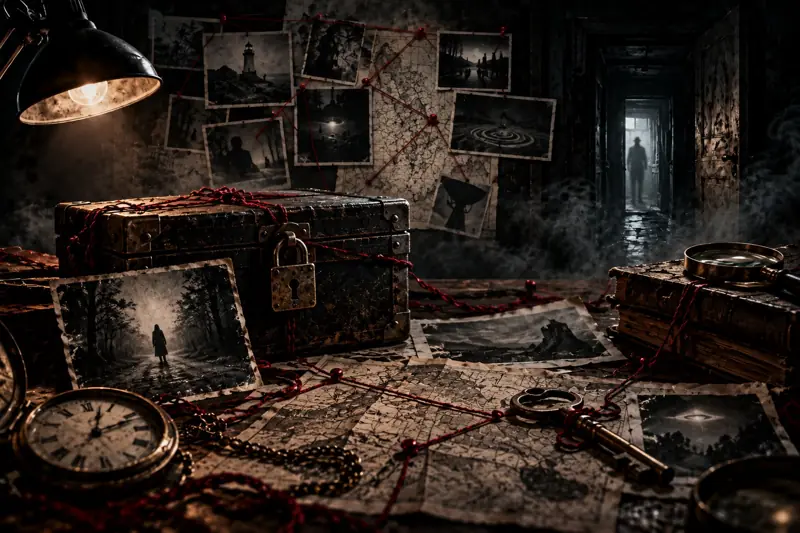 A locked chest, a stopped pocket watch and a map crossed with red string